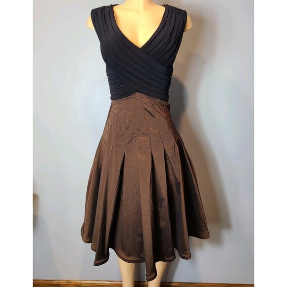 Cache Vintage Y2K Black Brown Taffeta Fit Flare Midi Dress Retro Holiday 1920s - Picture 1 of 11